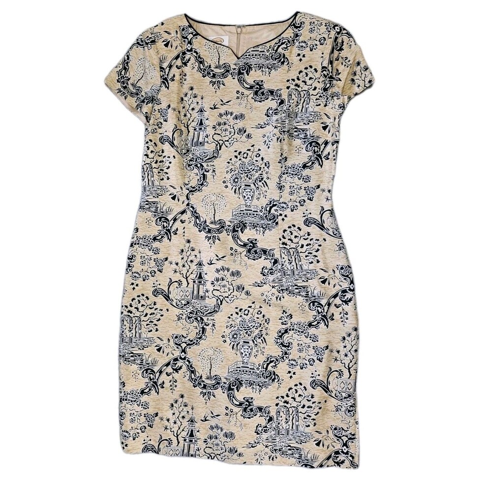 Talbots Pure Silk Old Money Sheath Dress Floral Sz 10 Quiet Luxury Blk Beige